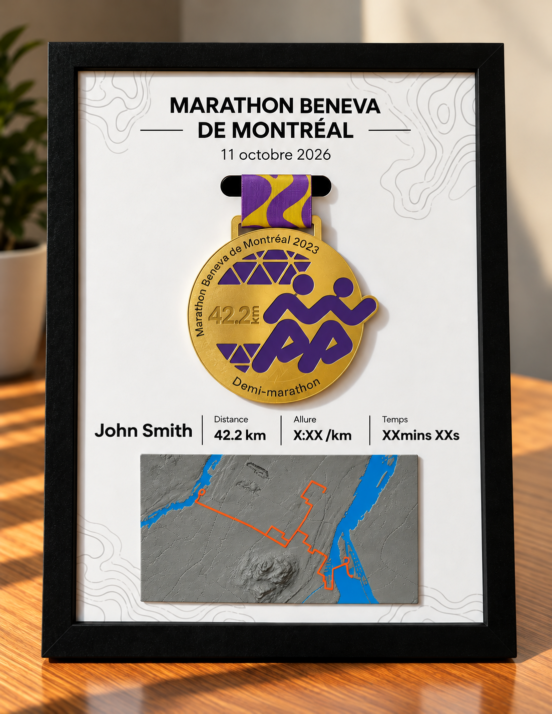 Cadre présentoir marathon Beneva de Montréal 42.2 km — Avec médaille —