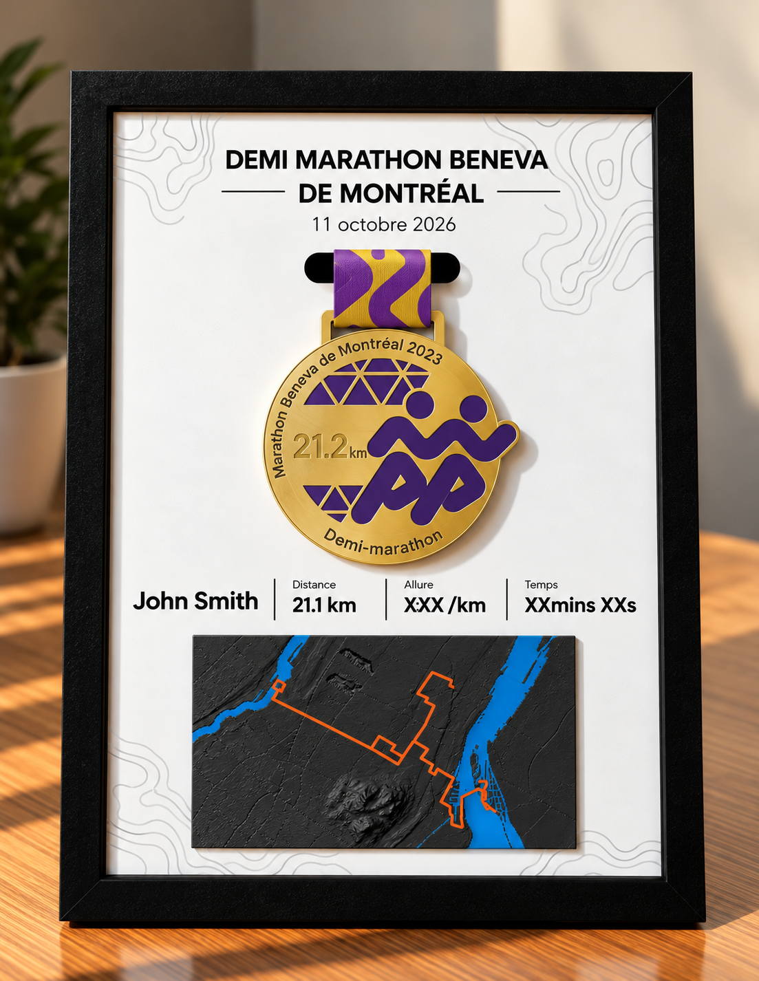 Cadre présentoir Demi marathon Beneva de Montréal 22.1 km — Avec médaille —