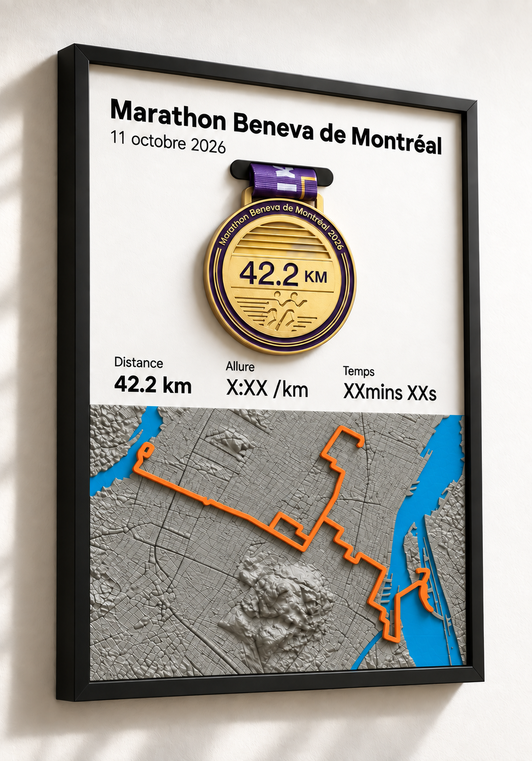 Cadre présentoir Demi marathon Beneva de Montréal 22.1 km — Avec médaille —
