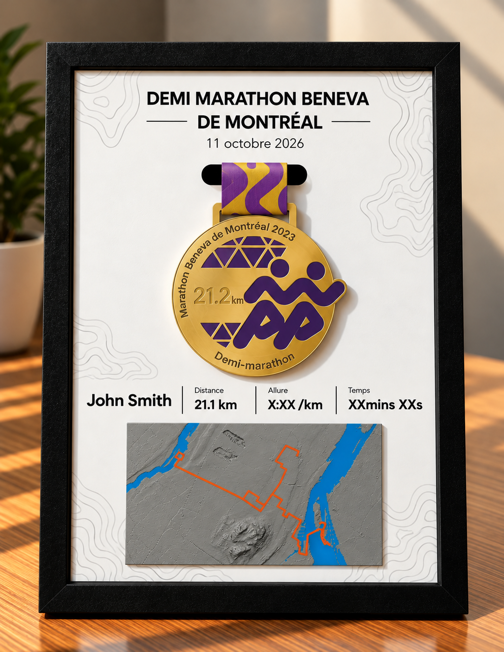 Cadre présentoir Demi marathon Beneva de Montréal 22.1 km — Avec médaille —