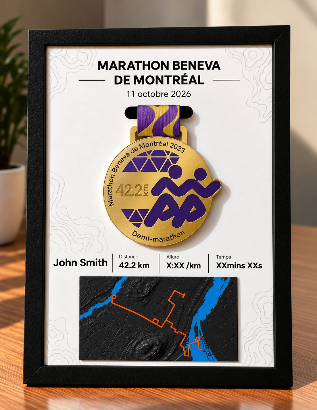 Cadre présentoir marathon Beneva de Montréal 42.2 km — Avec médaille —